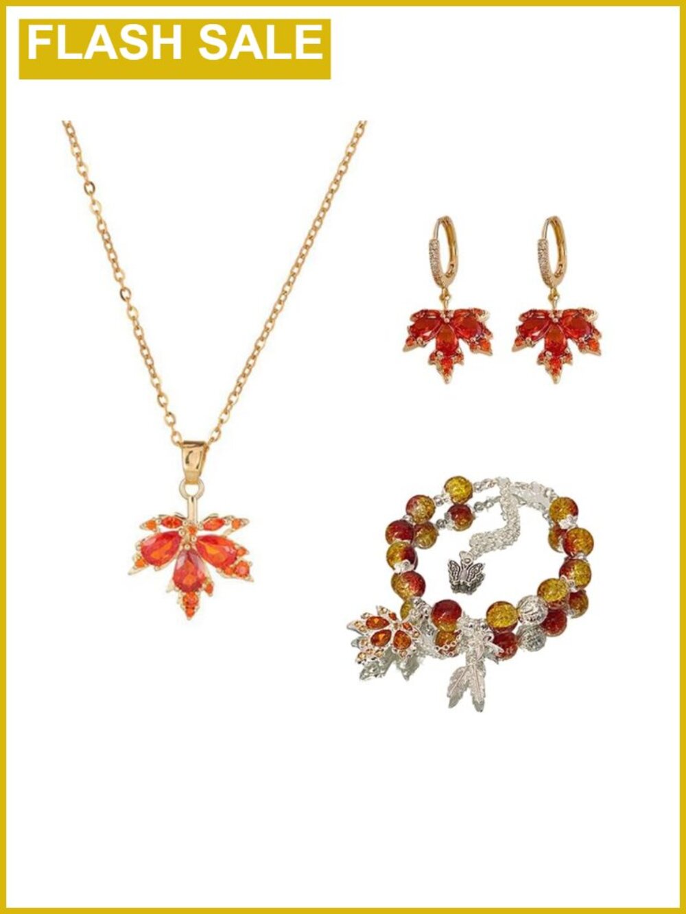 Gold Plated Maple Leaf Jewelry Set Necklace Bracelet Earrings